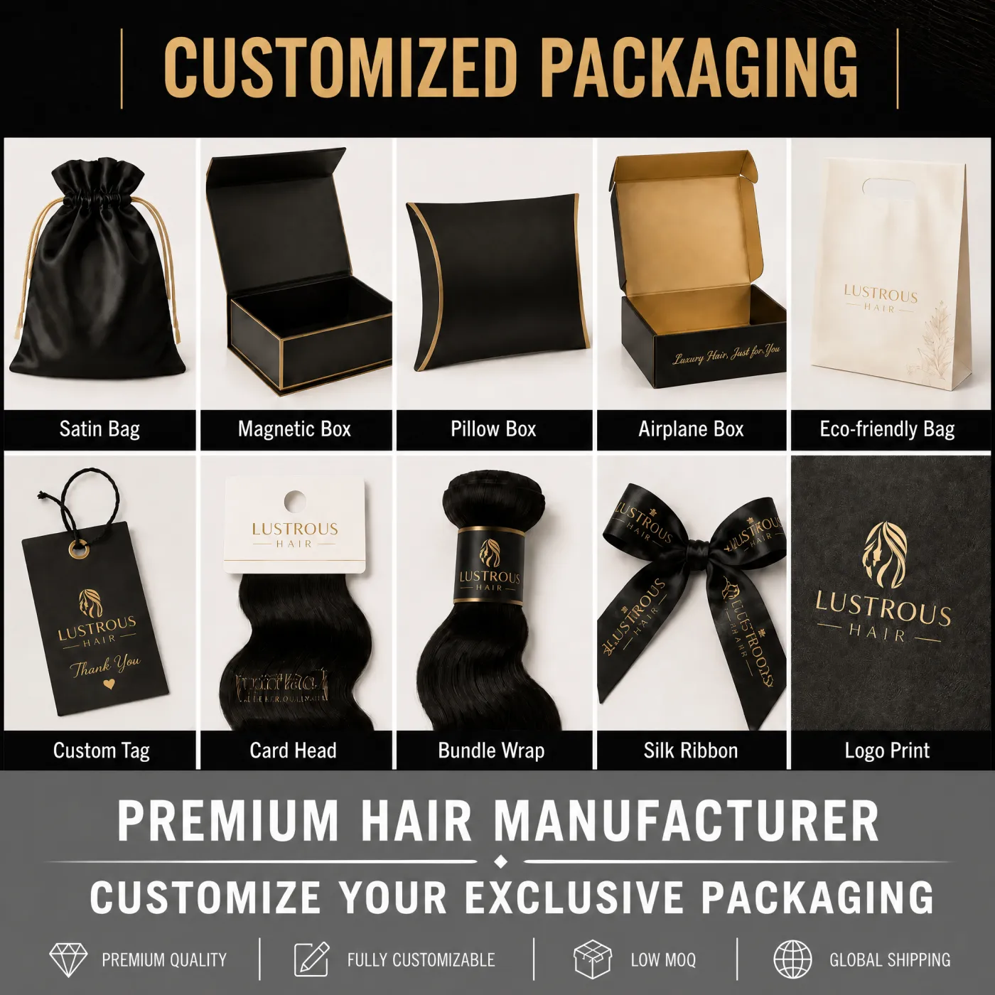 Private-label packaging — bags, boxes, tags, ribbons, logo print