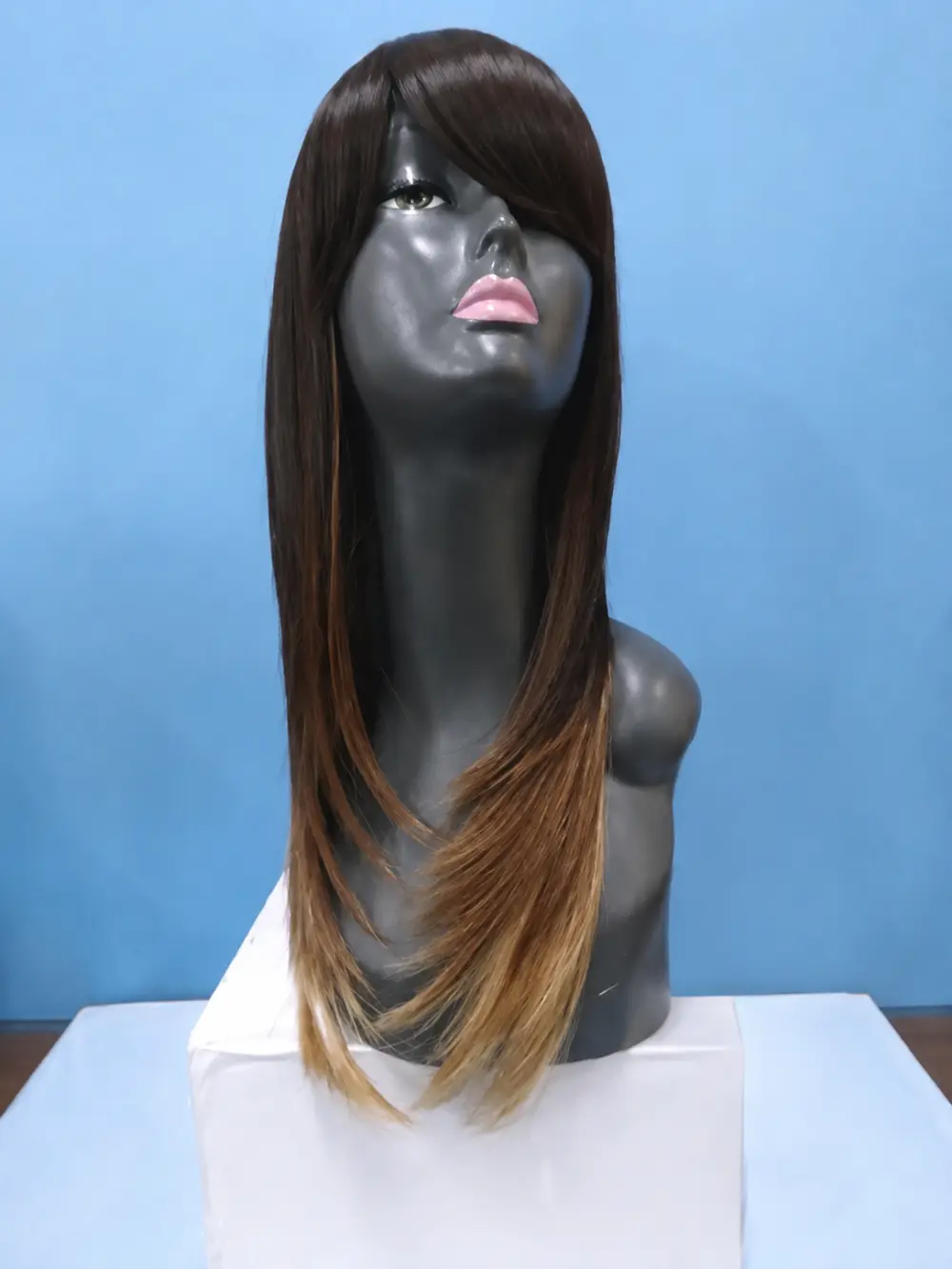 Side-Swept Bangs Straight Wig Brown Honey Blonde Ombre